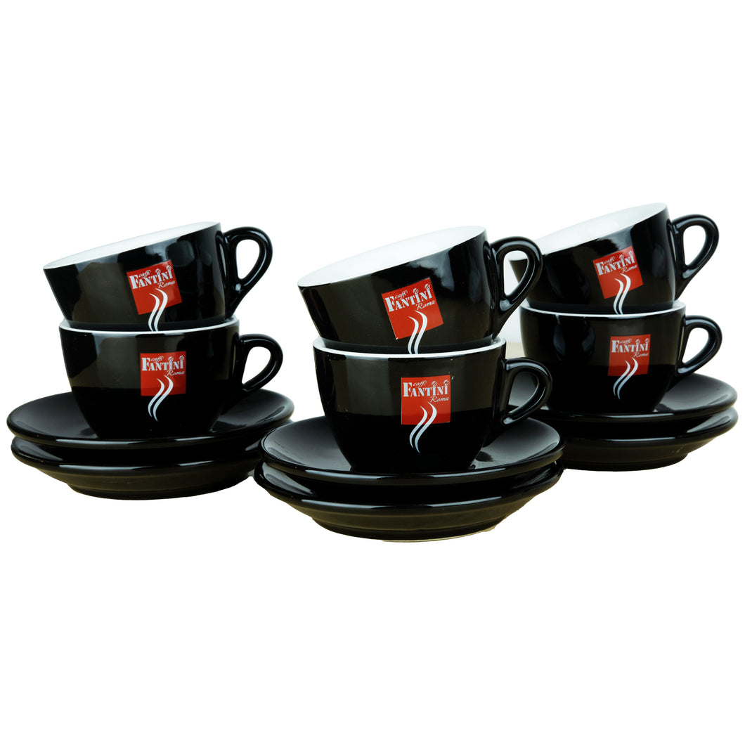 Fantini - Cappuccino Coffee Cups - Set of 6 Black Cups and Saucers