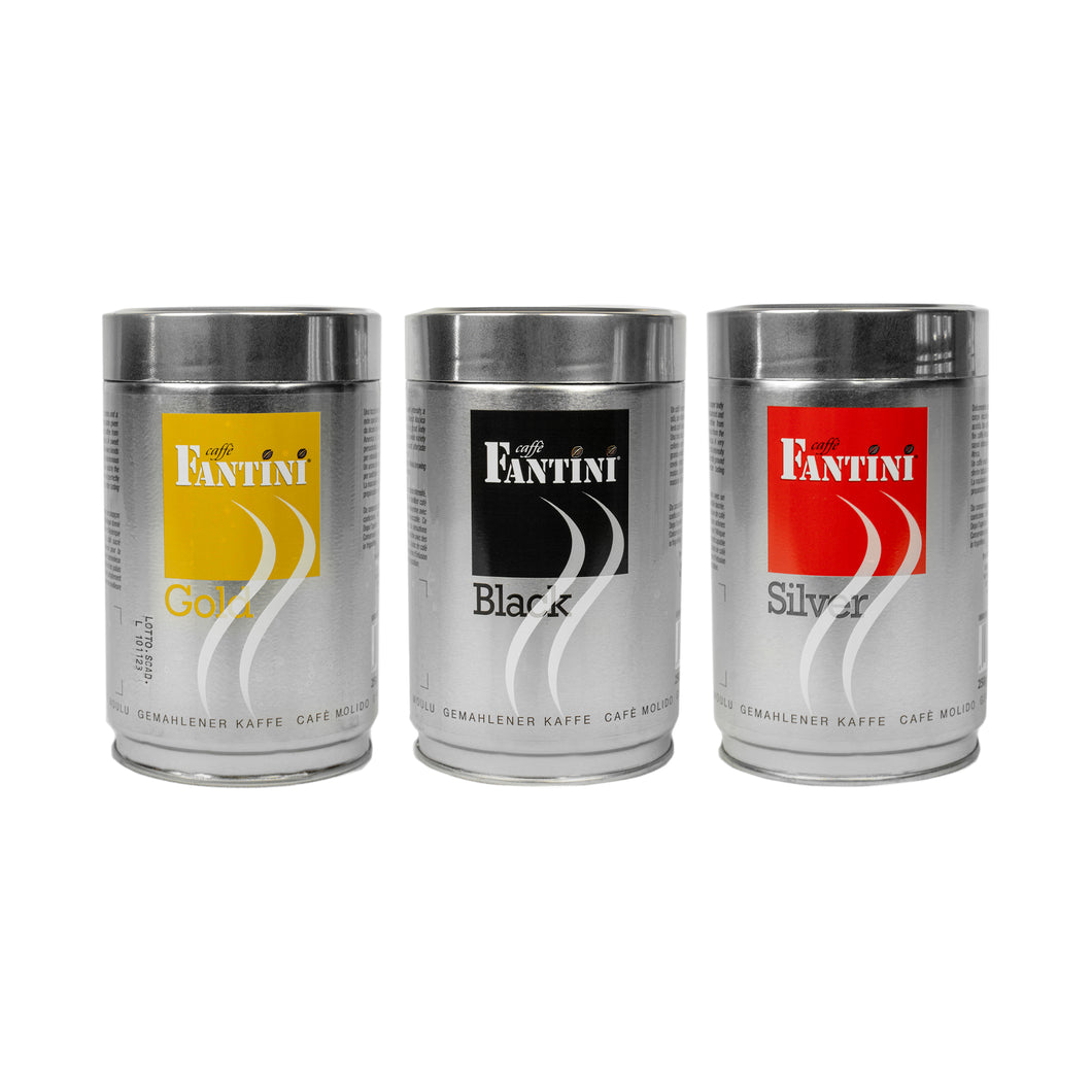 Fantini - Espresso Grind -  Collection - Black, Gold and Silver - 3 x 250 Gms Tins